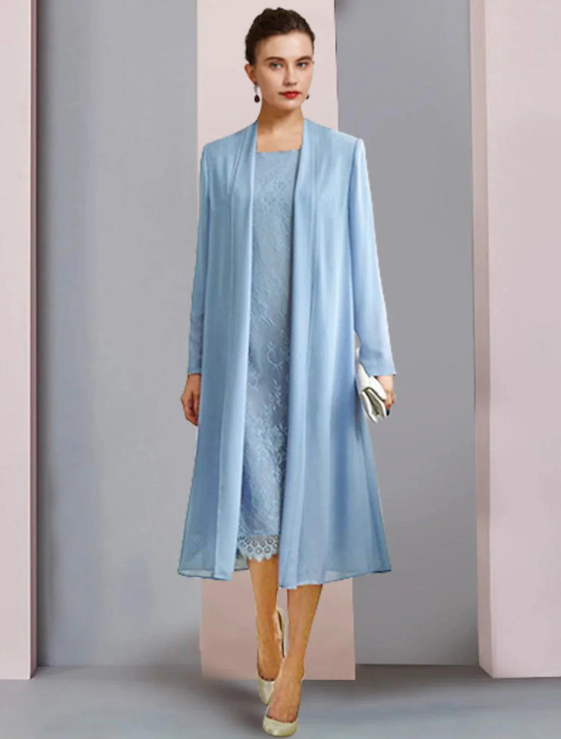 Vestido de mãe da noiva de duas peças, estilo coluna, formal, para festa de casamento, elegante, decote redondo, comprimento chá, chiffon, renda, manga 3/4, cor sólida