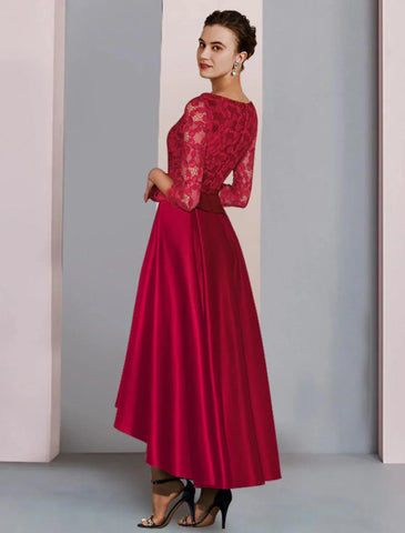 Formeller Hochzeitsgast, elegante Party, hoch, niedrig, U-Ausschnitt, asymmetrisch, knielang, Satin, Spitze, 3/4-Ärmel, mit Schleife(n), Falten, Kleid für die Brautmutter