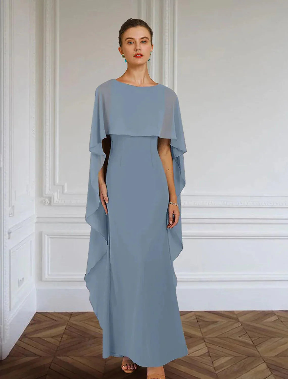 Vestido tubinho/coluna para mãe da noiva, convidada formal para casamento, elegante, simples, decote em joia, comprimento até ao chão, chiffon, sem mangas, com drapeado lateral, cor sólida