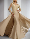 Etuikleid/Säulenkleid für die Mutter der Braut, formeller Hochzeitsgast, elegant, V-Ausschnitt, bodenlang, Satinspitze, 3/4-Ärmel mit Applikationen
