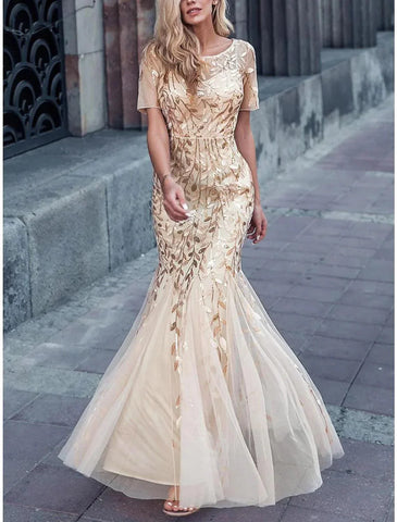 Meerjungfrau/Trompete Kleid für die Mutter der Braut, Hochzeitsgast, funkelnd und glänzend, elegant, Rundhalsausschnitt, bodenlang, mit Pailletten besetzt, kurze Ärmel mit Falten, Pailletten