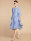 Zweiteiliges Etuikleid/Säulenkleid für die Mutter der Braut, Hochzeitsgast, elegant, zierlich, U-Ausschnitt, knielang, Chiffon, Spitze, halbe Ärmel mit Rüschen, einfarbig