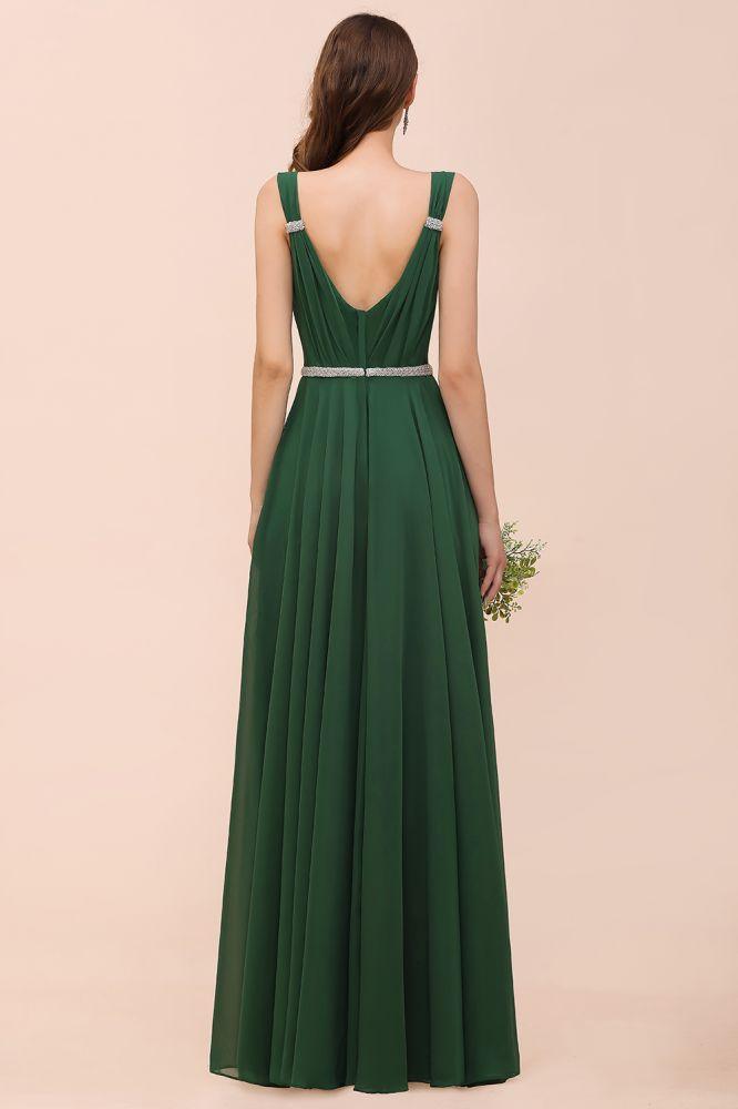 V-Neck A-line Dark Green Bridesmaid Dress Rhinestone Waist Belt