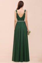 V-Neck A-line Dark Green Bridesmaid Dress Rhinestone Waist Belt