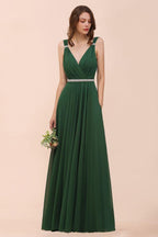 V-Neck A-line Dark Green Bridesmaid Dress Rhinestone Waist Belt