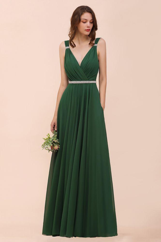 V-Neck A-line Dark Green Bridesmaid Dress Rhinestone Waist Belt