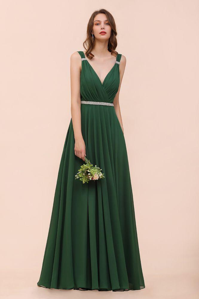 V-Neck A-line Dark Green Bridesmaid Dress Rhinestone Waist Belt