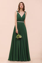 V-Neck A-line Dark Green Bridesmaid Dress Rhinestone Waist Belt