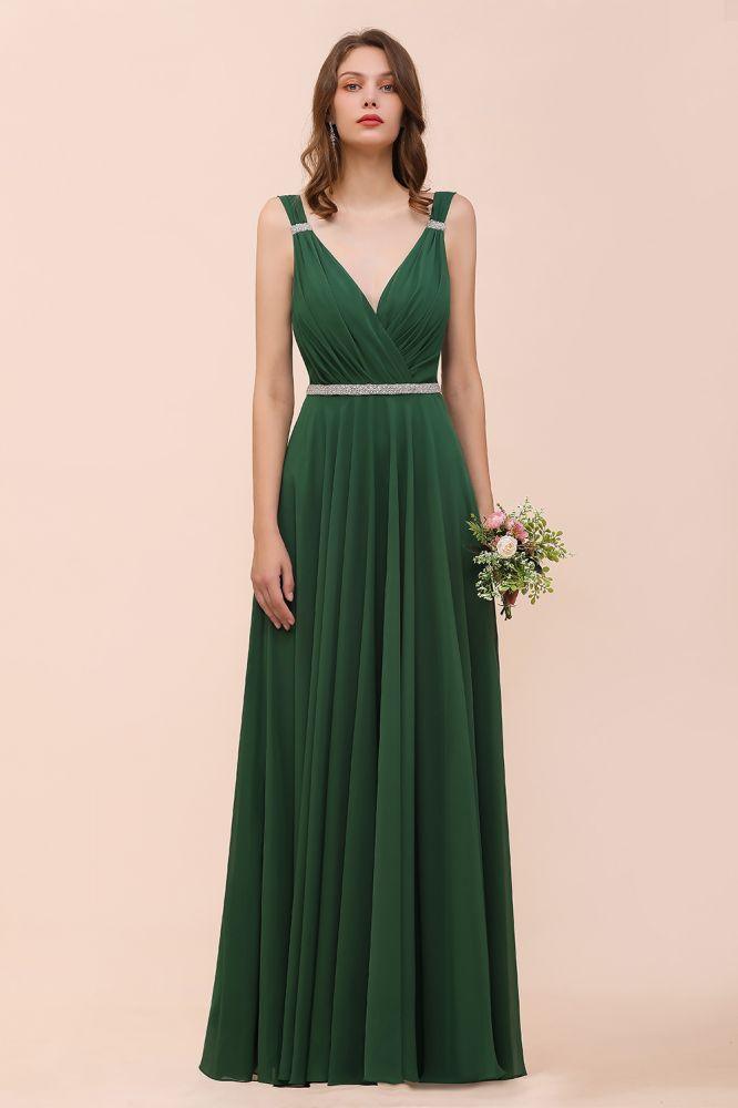 V-Neck A-line Dark Green Bridesmaid Dress Rhinestone Waist Belt