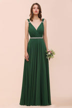 V-Neck A-line Dark Green Bridesmaid Dress Rhinestone Waist Belt