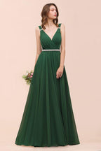V-Neck A-line Dark Green Bridesmaid Dress Rhinestone Waist Belt