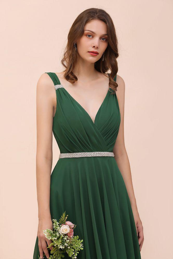 V-Neck A-line Dark Green Bridesmaid Dress Rhinestone Waist Belt