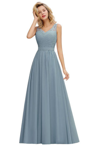 V-Ausschnitt Aline Rüschen Chiffon Brautjungfernkleid Ärmellos Floral Abend Swing Kleid