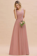 V-Neck Aline Ruffle Chiffon Bridesmaid Dress Sleeveless Floral Evening Swing Dress