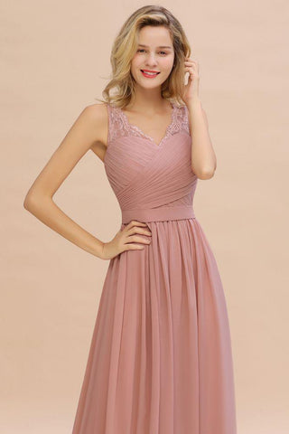 V-Ausschnitt Aline Rüschen Chiffon Brautjungfernkleid Ärmellos Floral Abend Swing Kleid