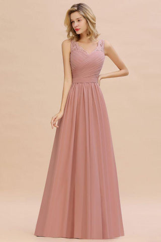 V-Ausschnitt Aline Rüschen Chiffon Brautjungfernkleid Ärmellos Floral Abend Swing Kleid