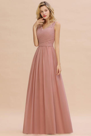 V-Ausschnitt Aline Rüschen Chiffon Brautjungfernkleid Ärmellos Floral Abend Swing Kleid