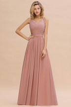 V-Neck Aline Ruffle Chiffon Bridesmaid Dress Sleeveless Floral Evening Swing Dress
