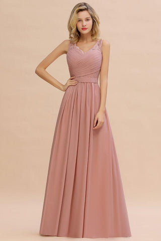 V-Ausschnitt Aline Rüschen Chiffon Brautjungfernkleid Ärmellos Floral Abend Swing Kleid