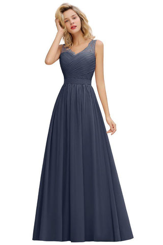 V-Ausschnitt Aline Rüschen Chiffon Brautjungfernkleid Ärmellos Floral Abend Swing Kleid