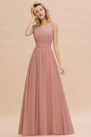 V-Ausschnitt Aline Rüschen Chiffon Brautjungfernkleid Ärmellos Floral Abend Swing Kleid