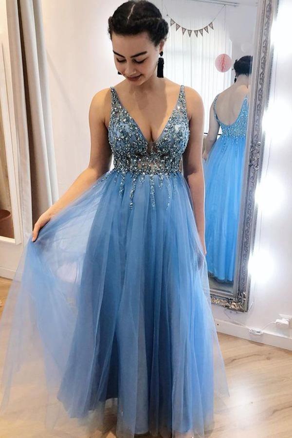Vestidos de baile com decote em V e aplicações em linha A, vestidos de noite compridos em tule azul PSK214