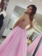 V Neck Backless Pink Long Prom Dresses Backless Sparkly Pink Formal Graduation Dresses