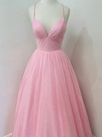V Neck Backless Pink Long Prom Dresses Backless Sparkly Pink Formal Graduation Dresses