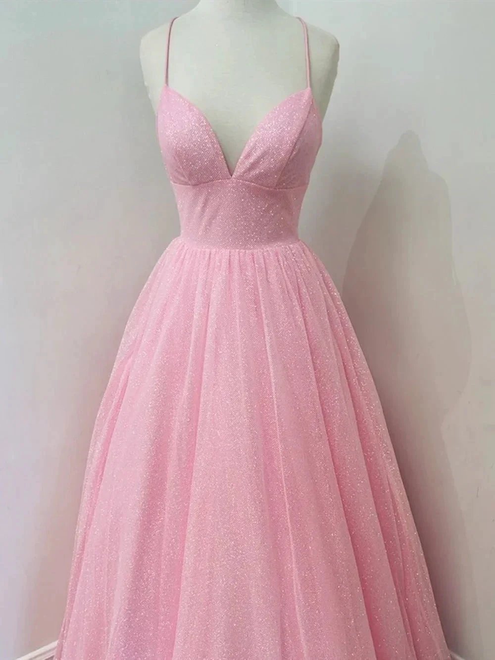 V Neck Backless Pink Long Prom Dresses Backless Sparkly Pink Formal Graduation Dresses