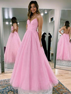V Neck Backless Pink Long Prom Dresses Backless Sparkly Pink Formal Graduation Dresses