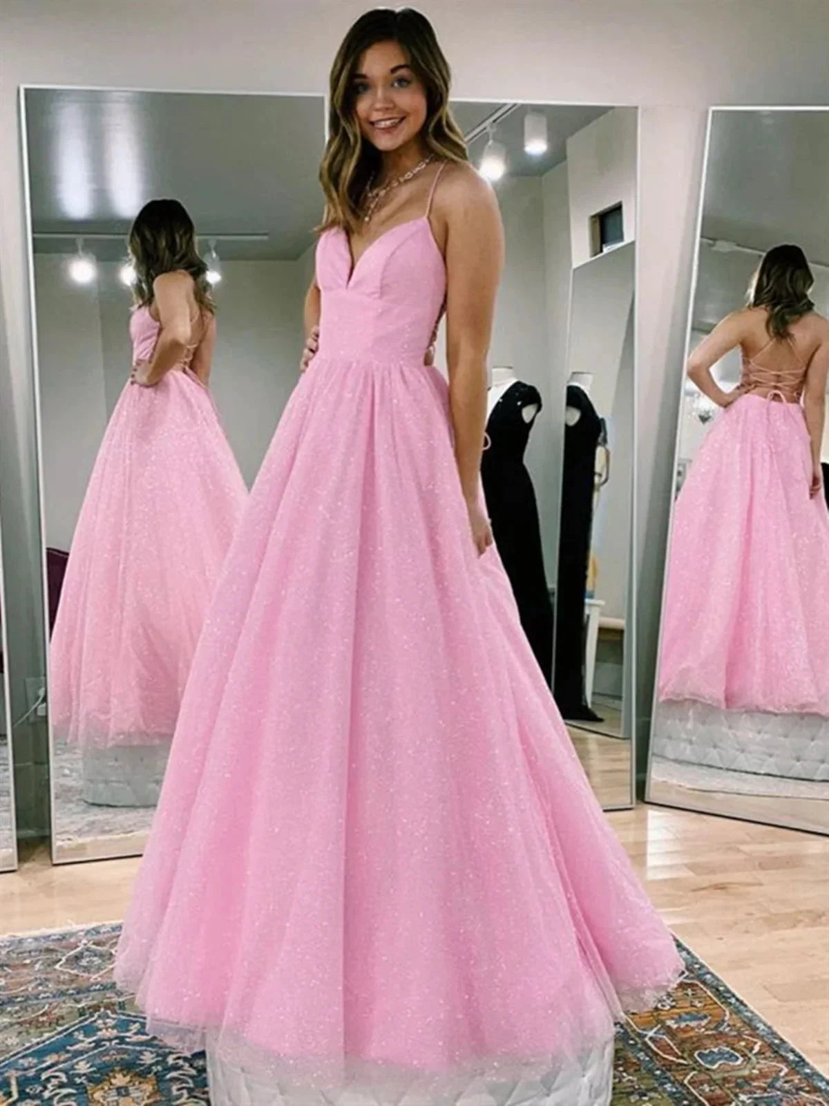 V Neck Backless Pink Long Prom Dresses Backless Sparkly Pink Formal Graduation Dresses