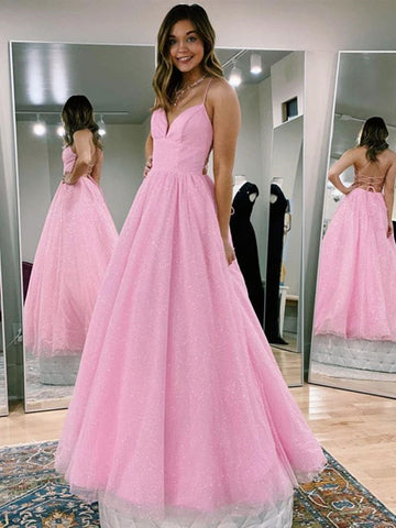 V-Ausschnitt, rückenfreies, rosafarbenes, langes Ballkleid, rückenfreies, glitzerndes, rosafarbenes, formelles Abschlusskleid