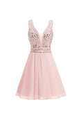 Robe de bal court PG089 en mousseline avec perles et encolure en V