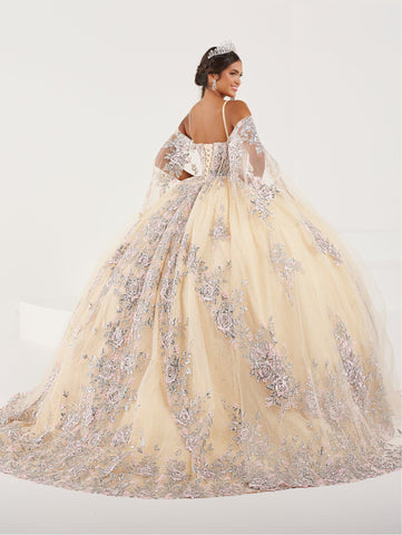 Quinceanera-Kleid mit V-Ausschnitt und Cape-Ärmeln von Fiesta Gowns 56491