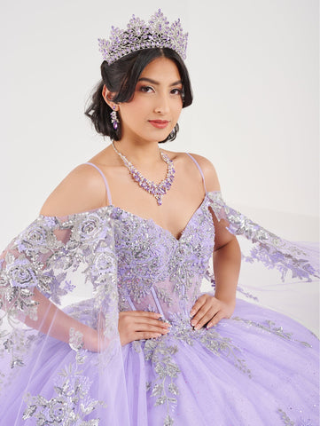 Quinceanera-Kleid mit V-Ausschnitt und Cape-Ärmeln von Fiesta Gowns 56491