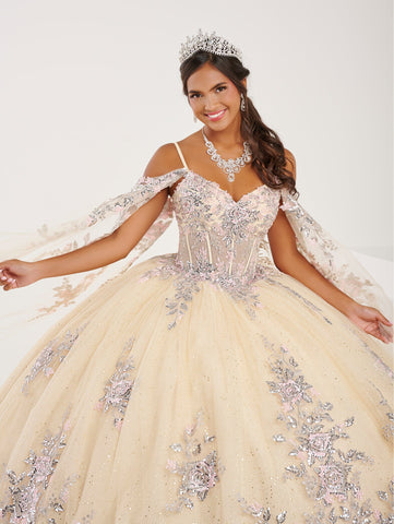 Quinceanera-Kleid mit V-Ausschnitt und Cape-Ärmeln von Fiesta Gowns 56491