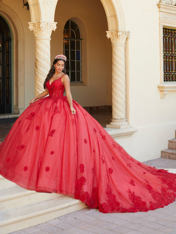 Quinceanera-Kleid mit V-Ausschnitt und Korsett von House of Wu 26064