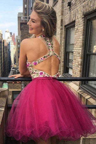 V-Ausschnitt Stickerei Rückenfreies Homecoming-Kleid Kurzes Ballkleid PD361