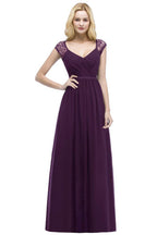 V-neck Floor Length A-line Lace Chiffon Bridesmaid Dresses with Sash