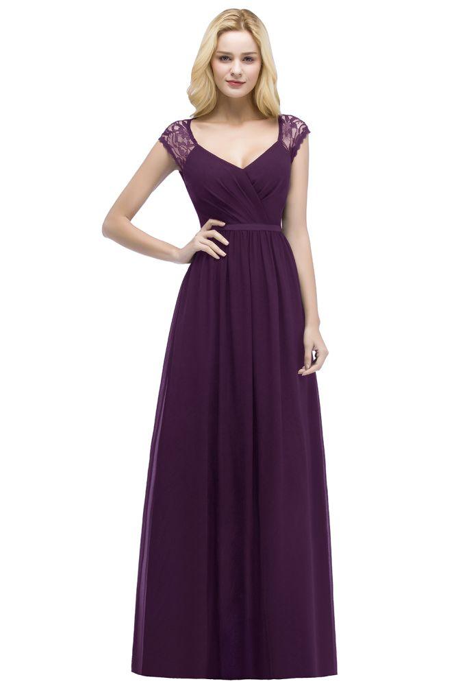 V-neck Floor Length A-line Lace Chiffon Bridesmaid Dresses with Sash