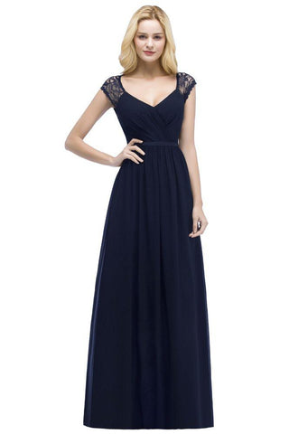V-Ausschnitt Bodenlange A-Linie Spitze Chiffon Brautjungfernkleider mit Schärpe