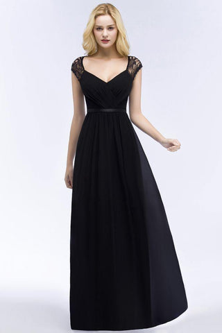 V-Ausschnitt Bodenlange A-Linie Spitze Chiffon Brautjungfernkleider mit Schärpe