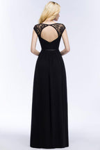 V-neck Floor Length A-line Lace Chiffon Bridesmaid Dresses with Sash