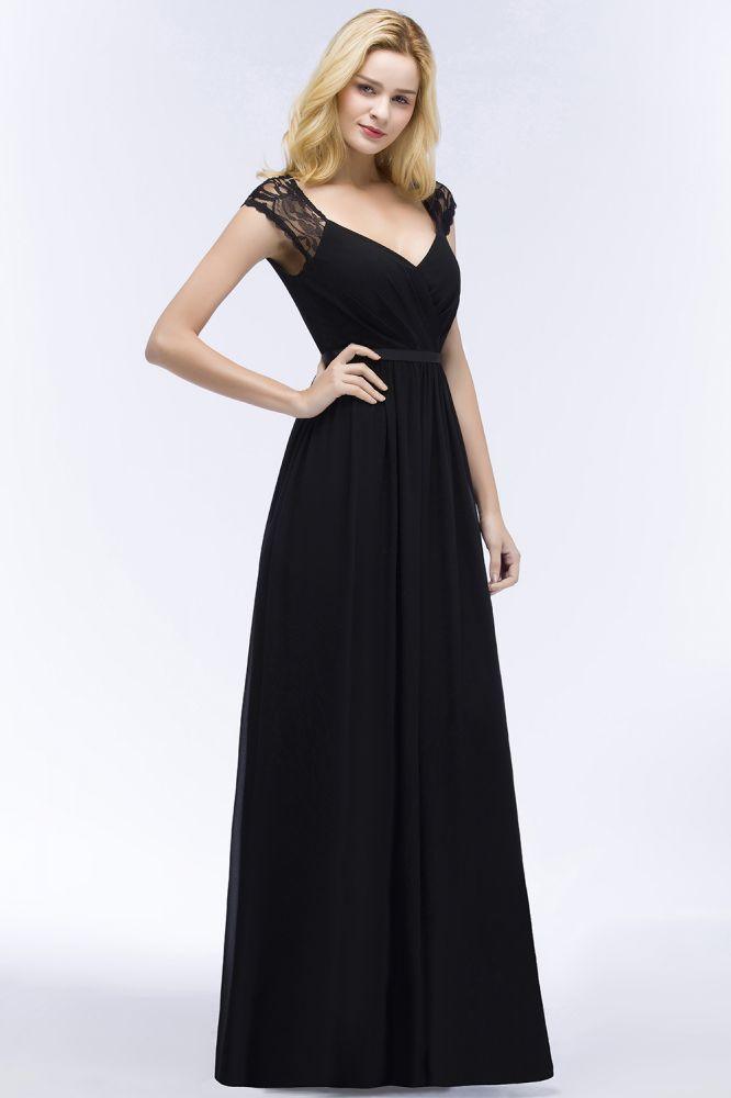 V-neck Floor Length A-line Lace Chiffon Bridesmaid Dresses with Sash