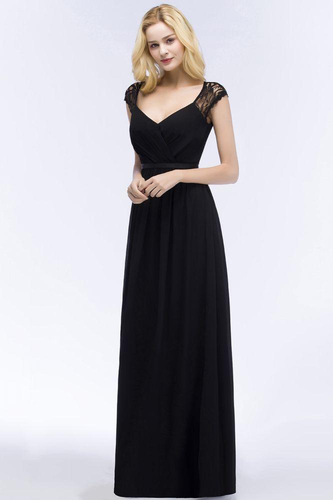 V-neck Floor Length A-line Lace Chiffon Bridesmaid Dresses with Sash
