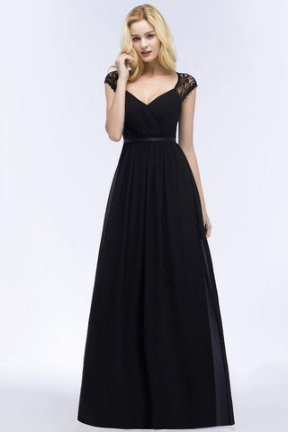 V-Ausschnitt Bodenlange A-Linie Spitze Chiffon Brautjungfernkleider mit Schärpe