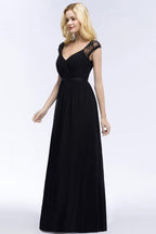 V-neck Floor Length A-line Lace Chiffon Bridesmaid Dresses with Sash
