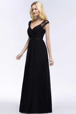 V-Ausschnitt Bodenlange A-Linie Spitze Chiffon Brautjungfernkleider mit Schärpe