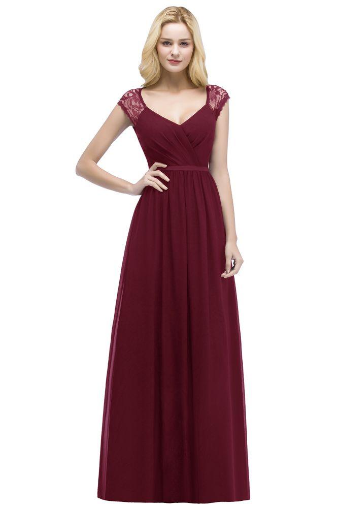 V-neck Floor Length A-line Lace Chiffon Bridesmaid Dresses with Sash