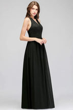 V-neck Floor Length Sleeveless Lace Top Black Bridesmaid Dress by misshow.com